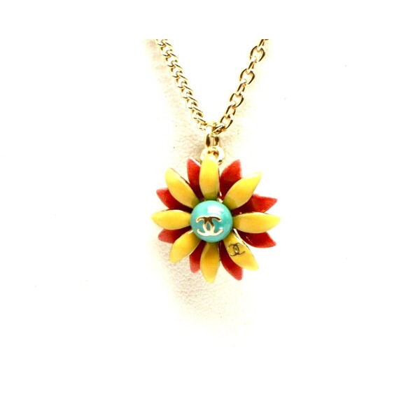 Chanel Necklace Gold Plated Chain Multicolor Flower CC Logo Pendant 22" - Picture 1 of 7